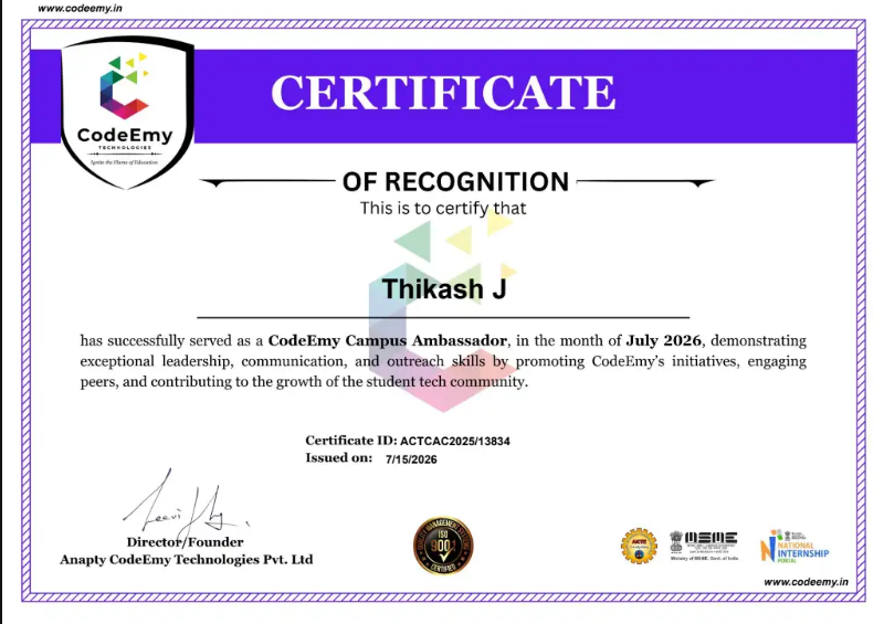CodeEmy Campus Ambassador Certificate